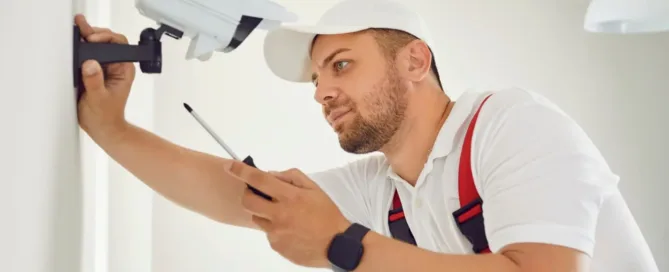 Personne installant une camera de sécurité